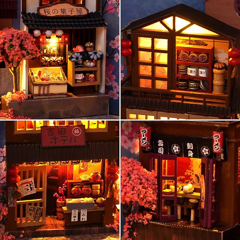 DIY Alley Book Nook City Building Model Cherry Blossom Town Bookcase Wooden  Bookend Bookshelf Kit Toy